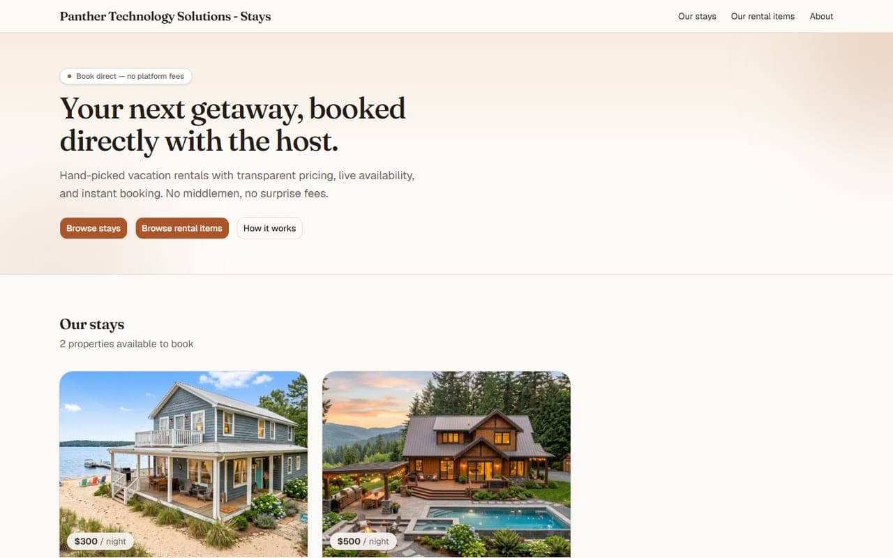 The Stays home page: a headline reading “Your next getaway, booked directly with the host,” above two vacation rental listings with nightly rates.