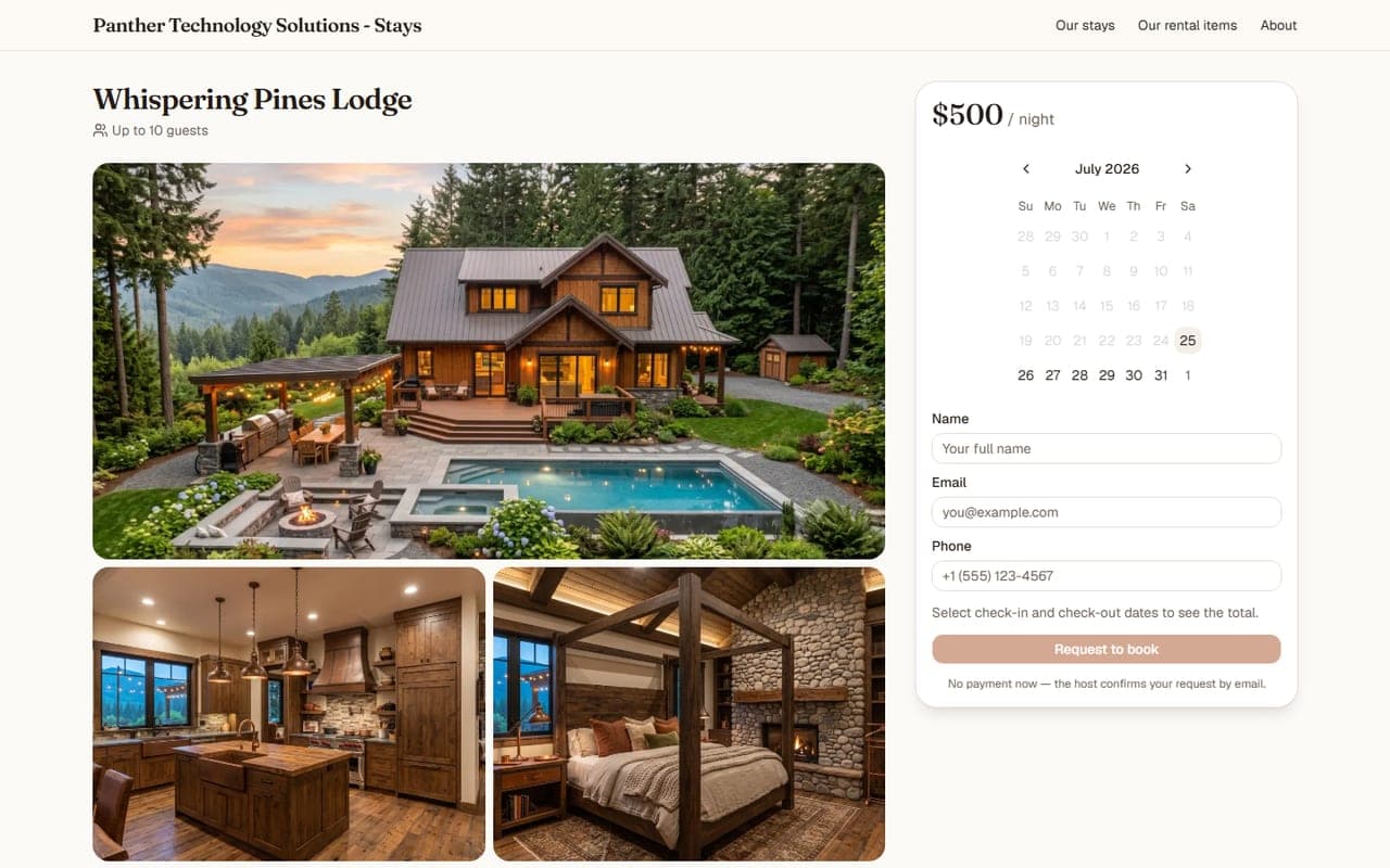 A listing page for Whispering Pines Lodge, with a photo gallery and a booking panel showing the nightly rate, an availability calendar, and a request-to-book form.